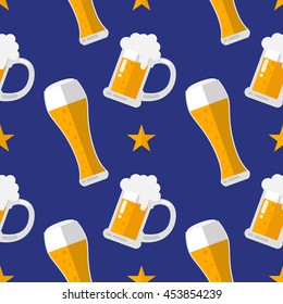 Glass of beer flat seamless pattern. Vector Illustration