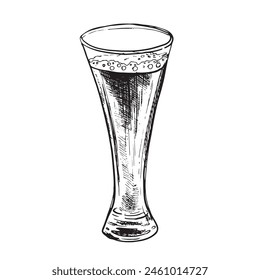 Glass for beer with foam. Black hand drawn sketch of glass. Vector illustration of glasses of water. Symbol glass flat style.