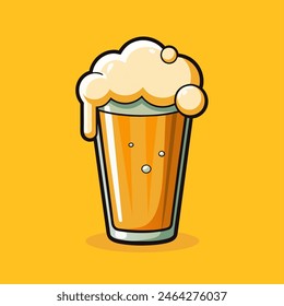 Un vaso de cerveza con espuma y burbujas sobre un fondo amarillo