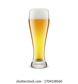 Glass of beer with foam and bubbles. Realistic vector illustration isolated on white background