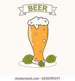 Glass of beer with foam, bubbles, ribbon with the inscription Beer, hop cones, white background
