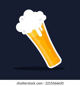 Glass of beer with foam or froth. Mug of ale. Alcoholic beverage in bar, pub, and restaurant. Symbol of drink for celebration. Cute cartoon vector illustration. Flat graphic design icon isolated. 