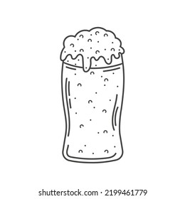 Glass of beer with foam in hand drawn doodle style. Isolated vector illustration. Cold drink for hot day. May be used for pub.