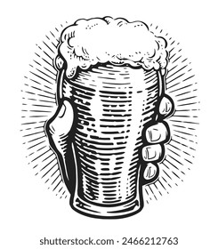 Glass of beer with foam in hand. Fresh craft alcoholic drink. Pub, brewery concept. Clipart drawing