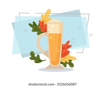 Glas Bier mit Schaumkopf, Vektorgrafik. Cartoon-Zeichnung für Banner-Design. Herbstblätter auf abstraktem Hintergrund. Oktoberfest, Bierfest, Feier, Herbst, Deutschland Konzept