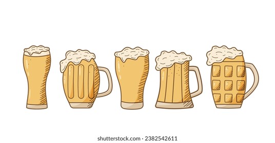 Glass beer with foam icon set. Vector illustration of a logo for a bar or pub. Doodle isolate on white.