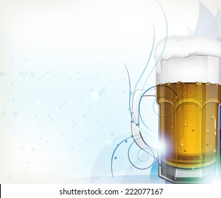 Glass of beer with foam on abstract blue  background. 