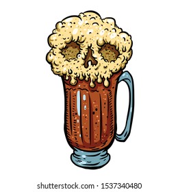 Glass of beer with foam skull. Vector illustration isolated on white background