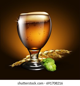 A glass of beer with foam, spikes of barley and a bump of hops. Highly realistic illustration with the effect of transparency