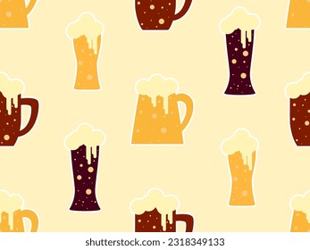 Glass of beer with foam to the top seamless pattern. Frothy beer in a glass with a stroke in a flat style. Design for print, wallpapers, banners and posters. Vetornaya illustration