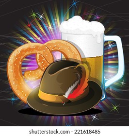 Glass of beer with foam, Tyrolean hat and pretzel on a background of fireworks Oktoberfest abstract background