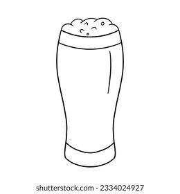 Vidrio de cerveza con espuma. Esbozo de doodle de contorno vectorial aislado en fondo blanco.