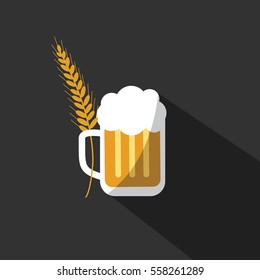 glass of beer with a lot of foam & wheat decoration illustration in a black background