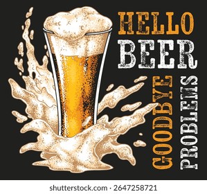 Um copo de cerveja espumam ao mesmo tempo em que se espalha, sugerindo uma atmosfera animada. O texto destaca uma atitude despreocupada e prazer perfeito para reuniões ou celebrações.