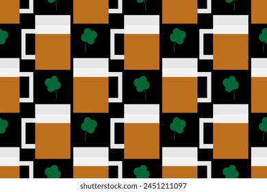 A glass of beer and a Four leaves shamrock, clover, Irish plant, traditional st. PATRICK'S DAY symbol of GOOD luck, wealth and fortune. Magic sign. Seamless vector pattern for design and decoration. 