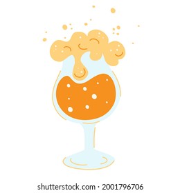 Glass of beer. Fresh yellow live beer and white foam, and bubbles. For emblem, web, info graphic, cafe and restaurant. October fest concept. Vector cartoon illustration isolated on a white background.