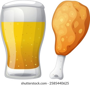 A glass of beer with fried chicken drumstick