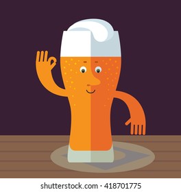 Glass of beer gesturing okay. Flat style vector illustration . Funny cartoon character