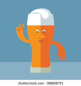Glass of beer gesturing victory. Flat style vector illustration . Funny cartoon character