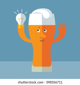 Glass of beer get the idea holding bulb. Flat style vector illustration . Funny cartoon character