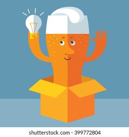 Glass of beer get the idea holding bulb thinking outside the box. Flat style vector illustration . Funny cartoon character