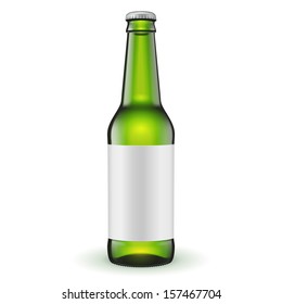 Glass Beer Green Bottle With Label On White Background Isolated. Ready For Your Design. Product Packing. Vector EPS10 