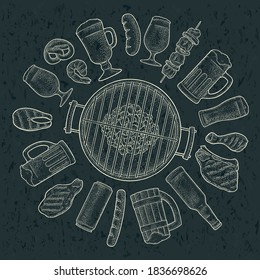 Glass beer and grill bbq food. Vector color vintage engraving illustration isolated on dark background. Advertising circle design for poster, coaster
