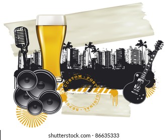 glass of beer with grunge city background