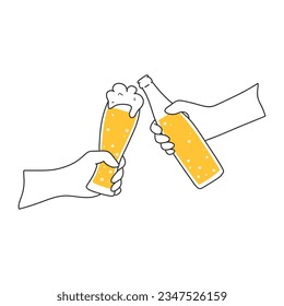 Glass of beer in hand. Bottle of beer in hand. Oktoberfest celebration in doodle style.