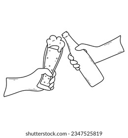 Glass of beer in hand. Bottle of beer in hand. Vector illustration. Oktoberfest celebration in doodle style.