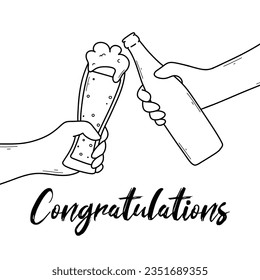 Glass of beer in hand. Bottle of beer in hand. Vector illustration. Oktoberfest celebration in doodle style.