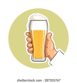 Vidrio de cerveza en mano. Ilustración vectorial Eps10. Aislado sobre fondo blanco