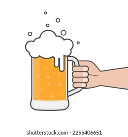 Glass of beer with hand, mug of beer Vector Illustration Isolated.