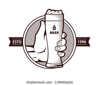 a glass of beer with a hand. vector illustration. label