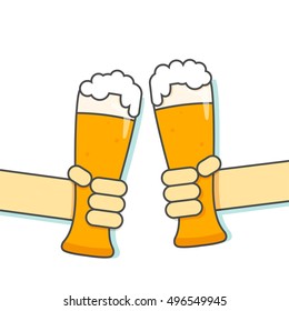 Glass with beer in hand. Vector line illustration