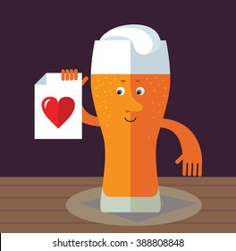 Glass of beer with heart icon. Flat style vector illustration . Funny cartoon character
