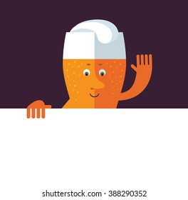 Glass of beer holding a blank sheet and waving hand greeting. Flat style vector illustration . Funny cartoon character