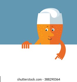 Glass of beer holding a blank sheet pointing. Flat style vector illustration . Funny cartoon character.