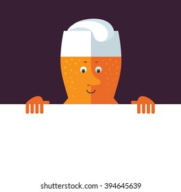 Glass of beer holding a blank sheet. Flat style vector illustration . Funny cartoon character