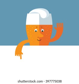 Glass of beer holding a blank sheet pointing. Flat style vector illustration . Funny cartoon character