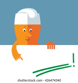 Glass of beer holding a blank sheet and pointing on red underline empty place. Flat style vector illustration . Funny cartoon character