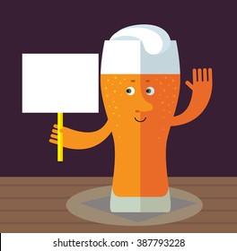 Glass of beer holding a blank sign. Flat style vector illustration . Funny cartoon character