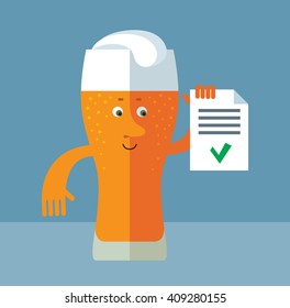 Glass of beer  holding check list. Flat style vector illustration . Funny cartoon character