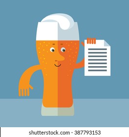 Glass of beer holding document. Flat style vector illustration . Funny cartoon character