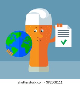 Glass of beer holding a globe and check list with green mark. Flat style vector illustration . Funny cartoon character
