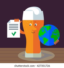 Glass of beer holding a globe and check list with green mark. Flat style vector illustration . Funny cartoon character