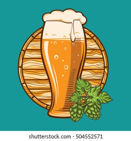 Glass of beer with hop and barrel