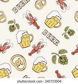 Glass of beer, hop, pretzel and crayfish seamless pattern vector illustration