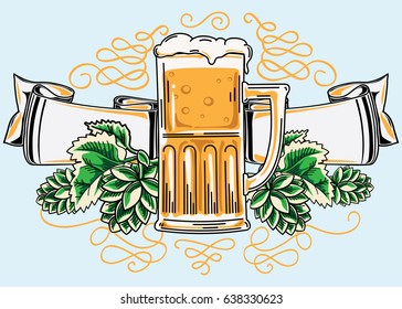 Glass of beer with hop and ribbon, decorative emblem