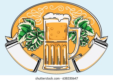 Glass of beer with hop and ribbon, decorative emblem